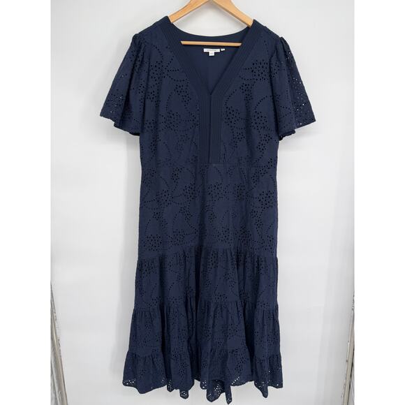 Chico’s Dress Women 16 Navy Eyelet Lace Tiered Feminine Romantic Coastal Grandma - Picture 2 of 9